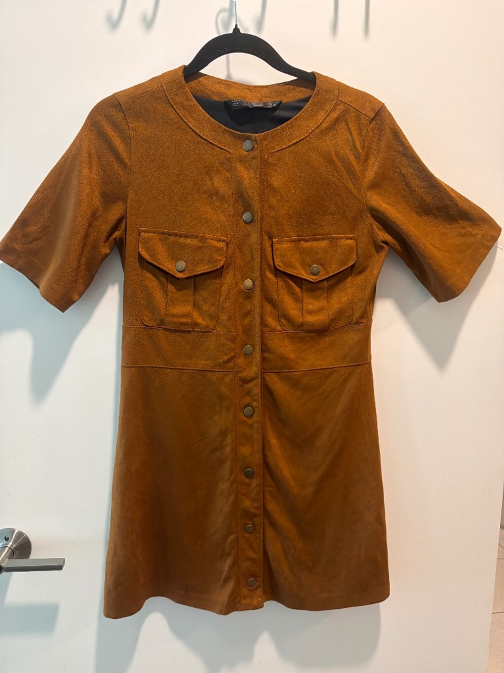 Zara Faux Leather Mini Dress Brown Snap Front Utility Pocket Size Small